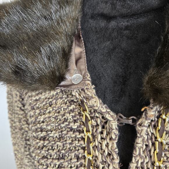 Dana Buchman Brown Chunky Knit Faux Fur Detach Collar Cardigan Gold XL NWT Lagen - Picture 4 of 10